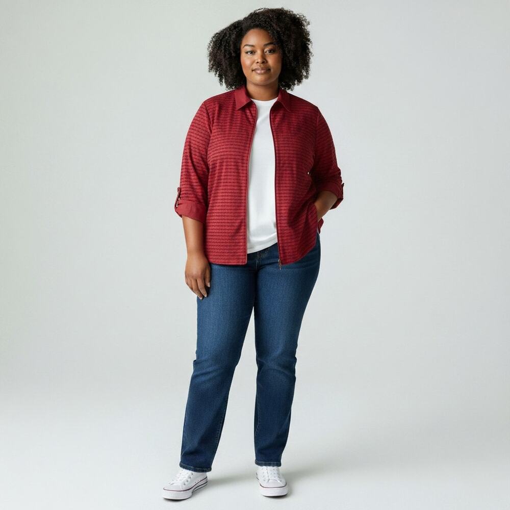 Notations Red Sheer Textured Zip Jacket Top 1X Officecore - Picture 1 of 9